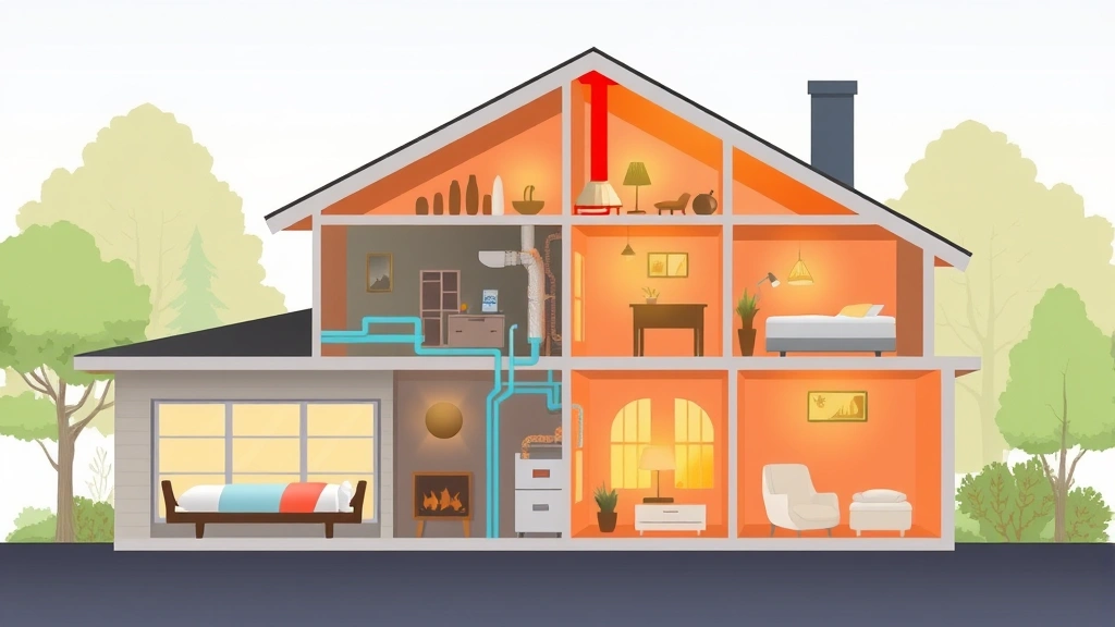 Residential home cross-section showing heat distribution through ductwork with warm air flowing, illustrating how furnace systems warm multiple rooms, professional technical illustration style