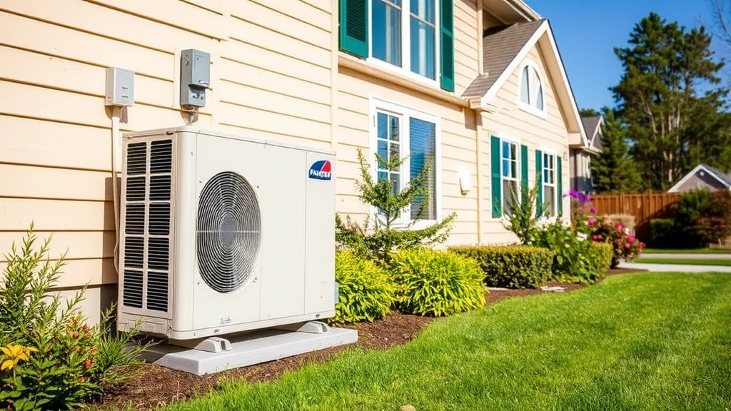 Heat pump outdoor unit installed next to residential home exterior with green landscaping, showing alternative heating technology in real-world residential application with clear sky background