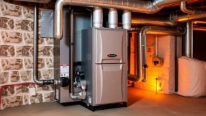 Modern high-efficiency natural gas furnace unit installed in a residential basement, showing condensing technology components and ventilation pipes, with warm lighting emphasizing energy efficiency
