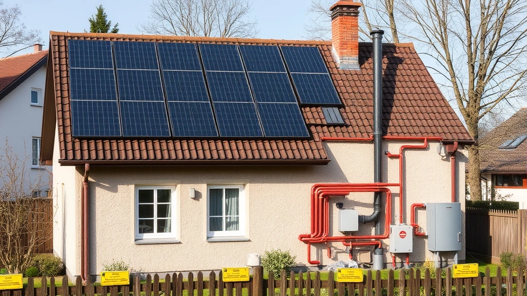 Residential home with visible solar panels on roof alongside traditional heating infrastructure, demonstrating renewable energy integration and sustainable heating transition approach