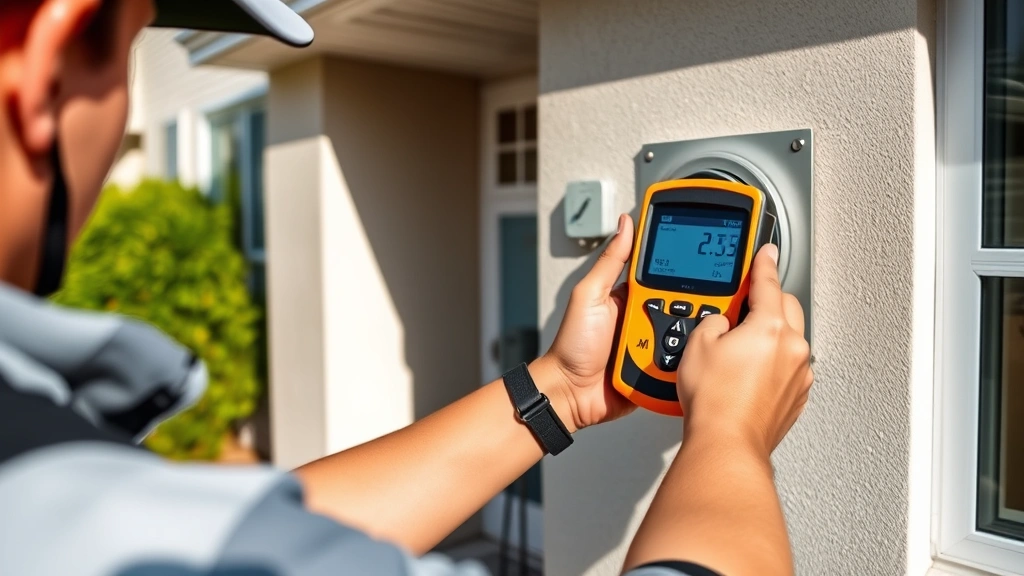 Professional technician using handheld natural gas leak detection device on residential gas meter outdoors, showing digital display readout, modern suburban home exterior, afternoon sunlight, safety equipment visible