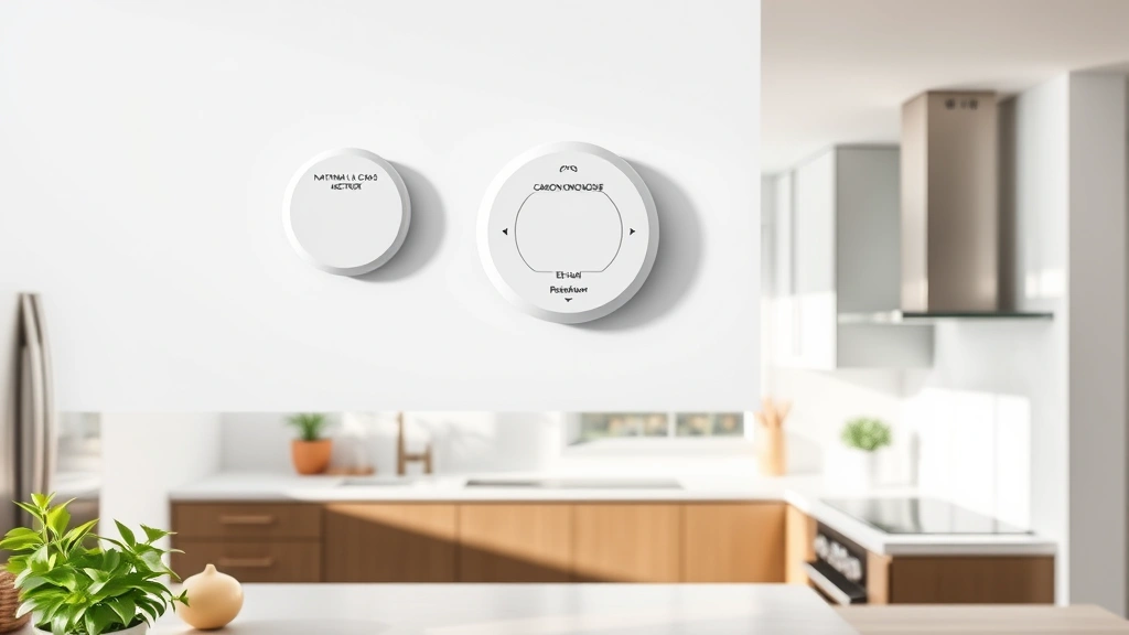 Modern kitchen interior with wall-mounted combination natural gas and carbon monoxide detector visible above countertop, contemporary home design, neutral tones, sensor clearly shown, bright natural lighting from window