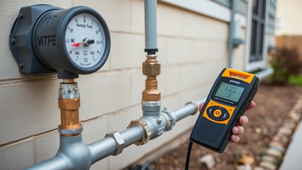 Residential gas line infrastructure with portable leak detector being used for inspection, showing meter and connections, outdoor residential setting, professional maintenance scenario, clear demonstration of detection equipment placement