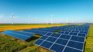 Aerial view of renewable solar panels and wind turbines in vast green field under blue sky, representing clean energy alternatives to fossil fuels, photorealistic landscape
