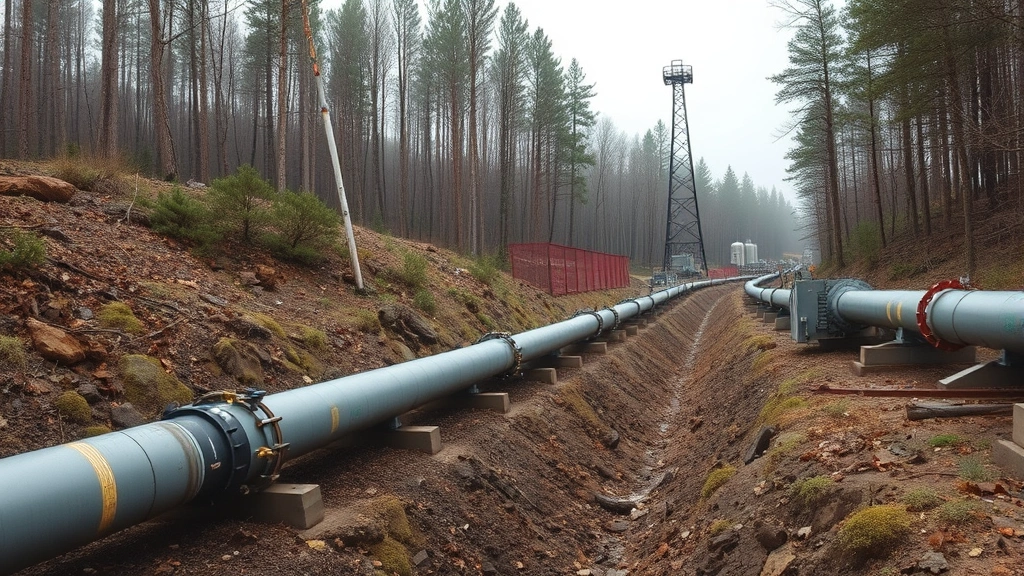 Underground pipeline infrastructure through forested terrain with industrial equipment visible, depicting natural gas distribution infrastructure and energy transition challenges