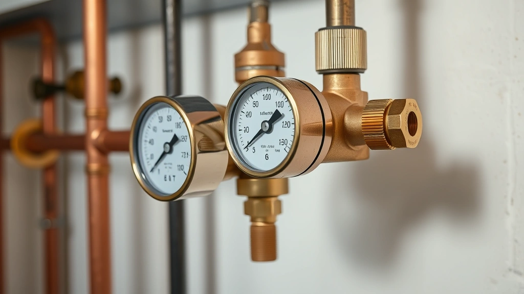Close-up of a brass natural gas regulator valve mounted on copper piping in a residential utility room, showing pressure gauge and adjustment mechanisms, warm professional lighting, no labels or text visible
