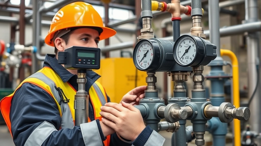Technician in safety gear inspecting a natural gas regulator system with digital pressure monitoring equipment, hands adjusting valve components, industrial setting with natural daylight, no text on equipment