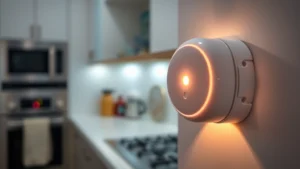 Close-up of a wall-mounted white natural gas sensor with LED indicator light glowing, installed near kitchen appliances in a modern home, realistic lighting showing the device's compact design