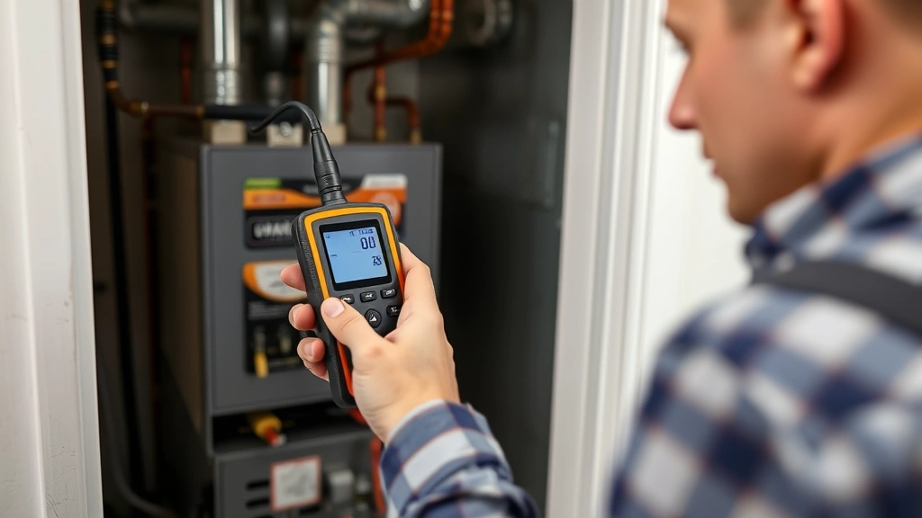 Professional HVAC technician holding a portable digital natural gas detector with display screen, inspecting residential heating equipment in a utility room, showing practical safety inspection work