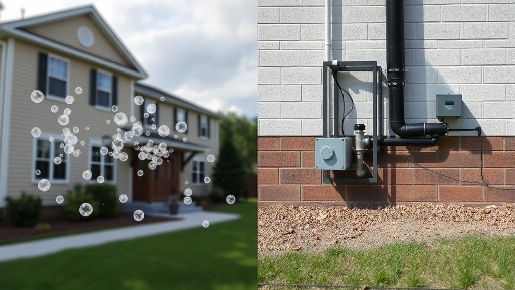 Split-screen comparison showing methane gas molecules dispersing in air near a residential building on one side and a sealed, safe installation on the other, emphasizing leak prevention
