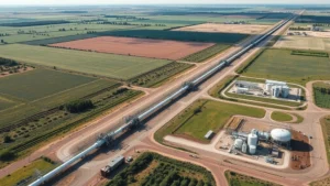 Aerial view of natural gas pipeline infrastructure running through rural landscape with compressor stations and industrial equipment, showing environmental land use impact