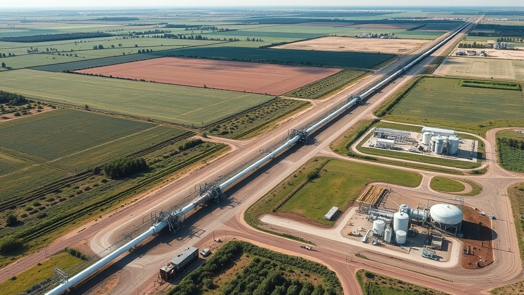 Aerial view of natural gas pipeline infrastructure running through rural landscape with compressor stations and industrial equipment, showing environmental land use impact