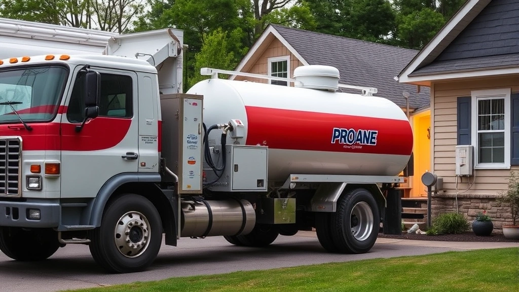 Propane delivery truck refueling residential home with propane tank visible, demonstrating decentralized fuel distribution system in suburban setting