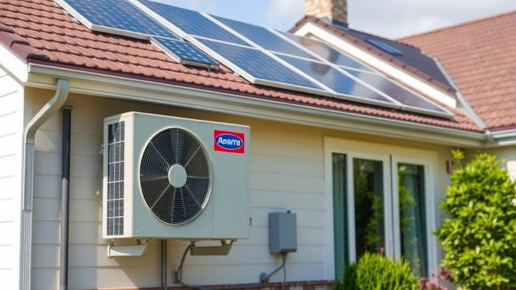 Modern heat pump system installed on residential home exterior with solar panels on roof, representing renewable energy alternatives to fossil fuels