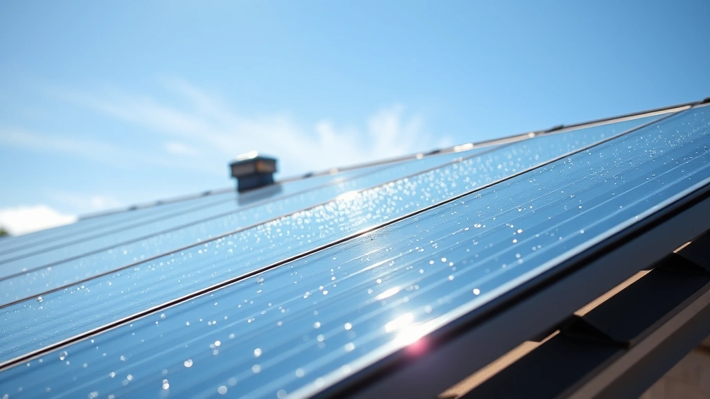 Close-up of solar thermal panels mounted on residential rooftop with blue sky, water droplets on glass surface catching sunlight, showing sustainable renewable energy collection system