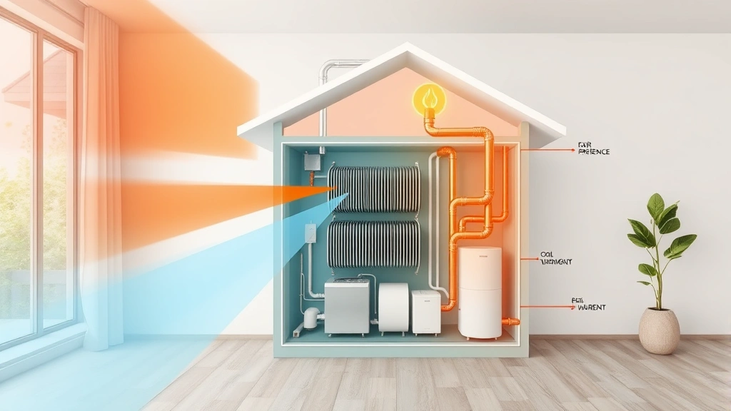 Cross-section diagram visualization showing heat pump water heater components extracting warmth from air with coils and pipes, modern home interior setting with energy efficiency indicators