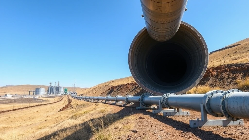 Underground natural gas pipeline infrastructure in rural landscape with compressor station, showing industrial fossil fuel extraction and distribution network impact on environment