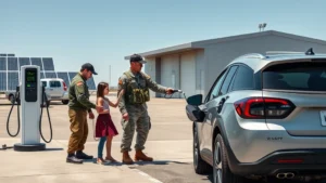 Military family refueling electric vehicle at charging station on military base, modern facility with solar panels, daytime, photorealistic, sustainable transportation infrastructure