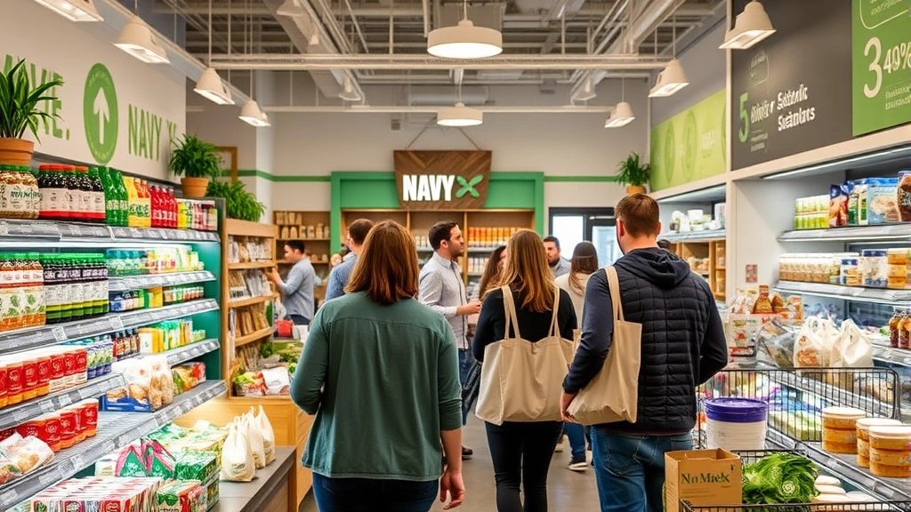 Navy Exchange mini mart interior with customers selecting organic and sustainable products, reusable bags and containers visible, eco-friendly store design with LED lighting, natural daylight