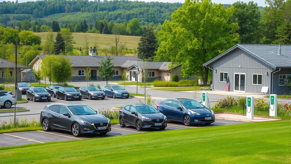 Military installation with green landscape, parked hybrid and electric vehicles, EV charging stations, sustainable architecture, trees and environmental conservation visible, peaceful setting
