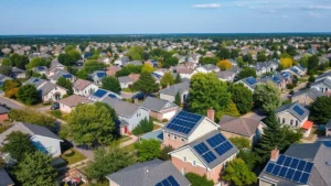 Aerial view of a modern New Jersey suburban neighborhood with solar panels on residential rooftops, green trees interspersed between houses, clear blue sky, photorealistic daytime lighting