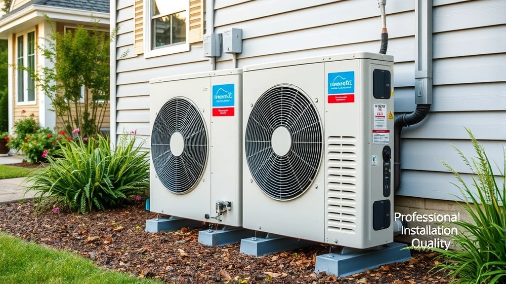 Close-up of a heat pump outdoor unit installed next to a residential home with landscaping, showing modern HVAC technology in natural setting, professional installation quality