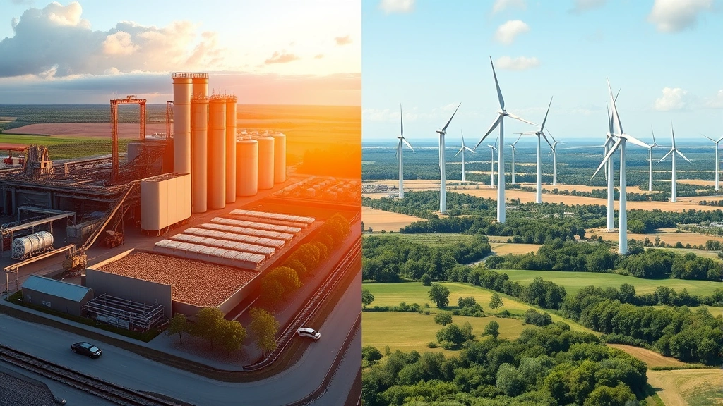 Split-screen showing renewable energy infrastructure: left side depicts biomass facility with sustainable materials processing, right side shows wind turbines on New Jersey landscape, realistic industrial sustainability