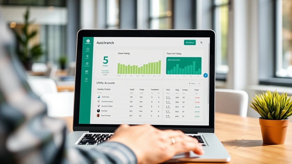 Person using laptop to access utility account dashboard with green energy metrics displayed on screen, modern office setting, natural lighting