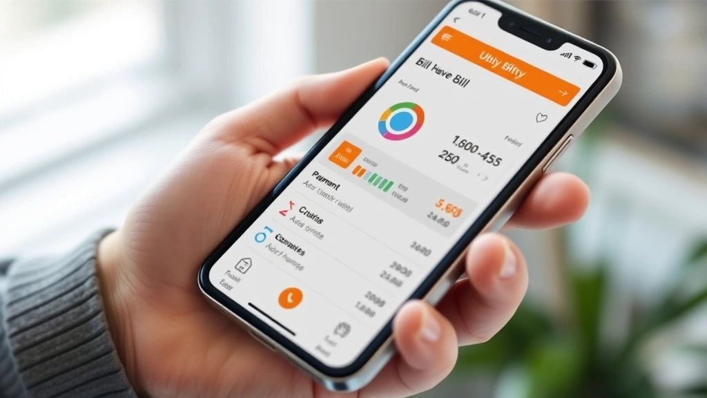 Close-up of smartphone showing mobile app for utility bill management with charts and payment options visible, hand holding phone
