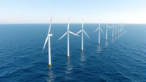 Offshore wind turbines in Atlantic Ocean near New York coast, modern white turbines on blue water with clear sky, environmental renewable energy infrastructure photorealistic