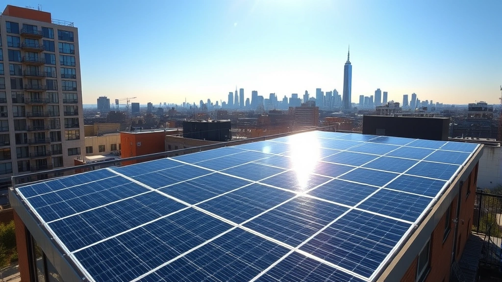 Modern rooftop solar panels on urban residential building in New York City, bright sunlight reflecting on blue panels with city skyline background, sustainable energy installation