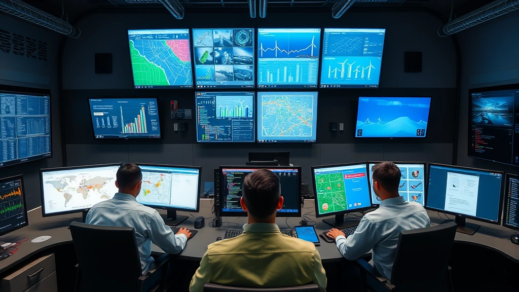 Smart grid control center with technicians monitoring electrical system, multiple digital displays showing grid data and renewable energy sources, advanced technology for energy management