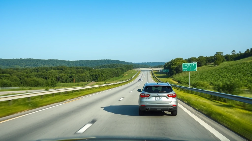 Peaceful highway driving scene with modern silver compact crossover SUV cruising smoothly on open interstate road, green landscape on both sides, clear sunny sky, representing optimal fuel efficiency driving conditions