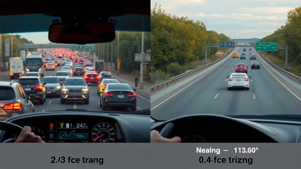 Split-screen comparison showing city traffic congestion on left side versus open highway on right side, illustrating different driving conditions and their effects on vehicle fuel consumption efficiency