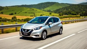 Modern silver Nissan Versa compact sedan driving on a clean highway with green countryside hills in background, bright daylight, photorealistic, no text or signage visible