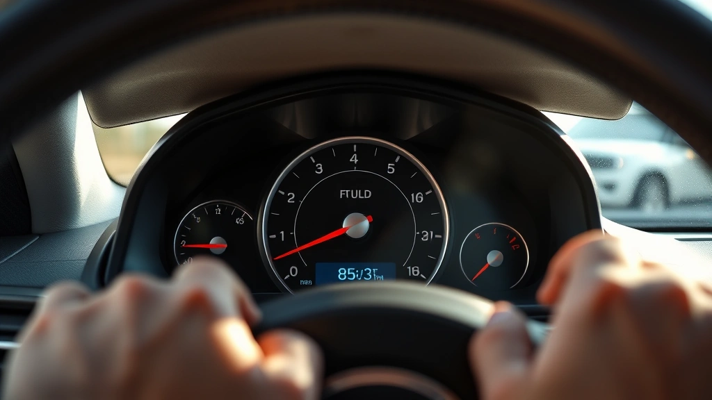 Close-up of car dashboard fuel gauge showing full tank, driver's hands on steering wheel, sunny interior lighting, peaceful driving moment, no text on gauge