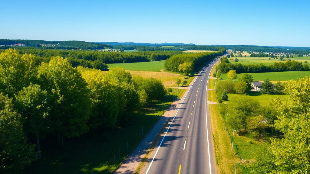 Scenic highway landscape with lush green trees and fields, road stretching into distance, clear blue sky, sustainable natural environment, no vehicles or signs visible