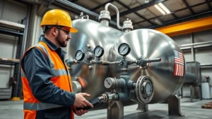 Industrial worker in safety gear inspecting a large stainless steel nitrogen gas tank mounted in a well-lit warehouse facility with concrete flooring, showing pressure gauges and valve assembly in detail