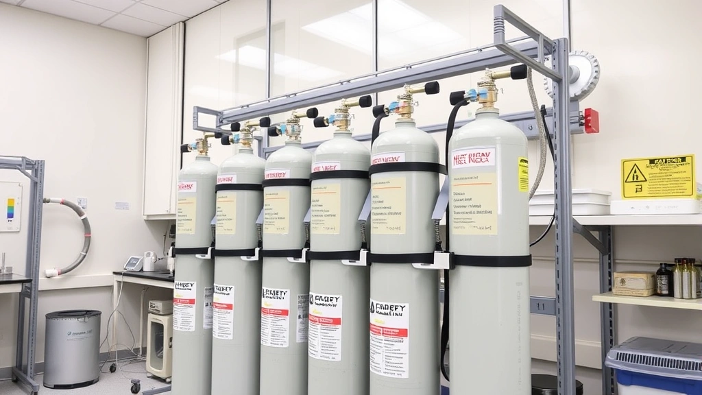 Modern laboratory environment with multiple nitrogen gas cylinders securely strapped to a wall-mounted rack system, featuring clear labeling and organized storage area with safety signage visible
