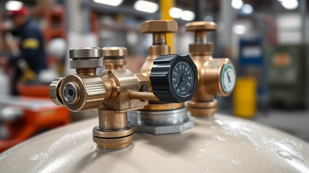 Close-up of nitrogen tank valve assembly and pressure relief mechanisms with condensation visible on the tank surface, showing professional maintenance setup in an industrial manufacturing facility