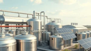 Photorealistic image of modern industrial biogas production facility with stainless steel digesters and renewable energy solar panels integrated into the facility, showing sustainable energy infrastructure in operation