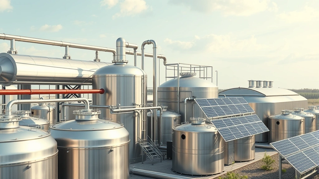 Photorealistic image of modern industrial biogas production facility with stainless steel digesters and renewable energy solar panels integrated into the facility, showing sustainable energy infrastructure in operation