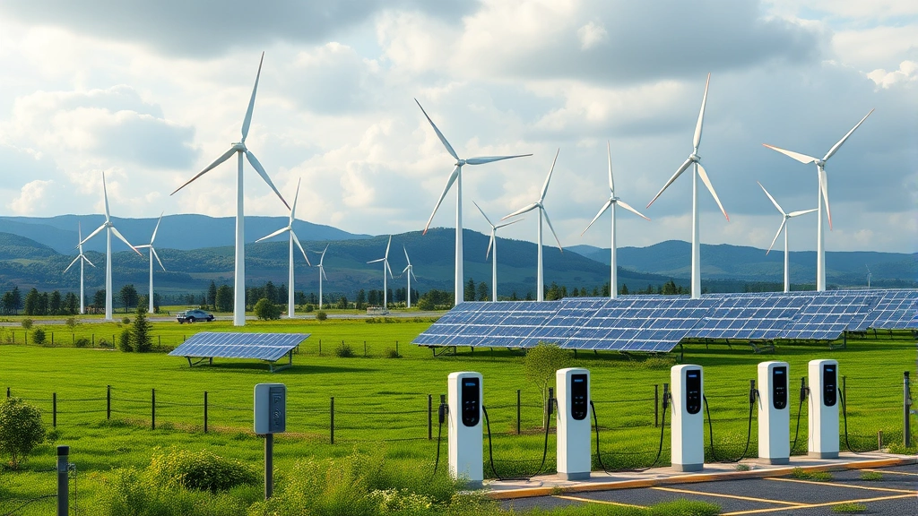 Photorealistic image of wind turbines and solar panels in a green landscape with electric vehicle charging stations in foreground, representing renewable energy alternatives to fossil fuel infrastructure