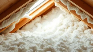 Photorealistic image of modern insulation installation in attic space with fiberglass or mineral wool, showing proper coverage and ventilation gaps, natural lighting from skylight, no text or labels visible