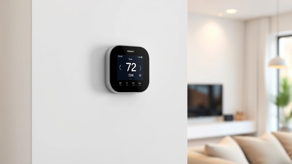 Photorealistic photograph of sleek smart thermostat mounted on white wall in contemporary home interior, displaying temperature and settings on digital screen, warm ambient lighting, no visible text or branding