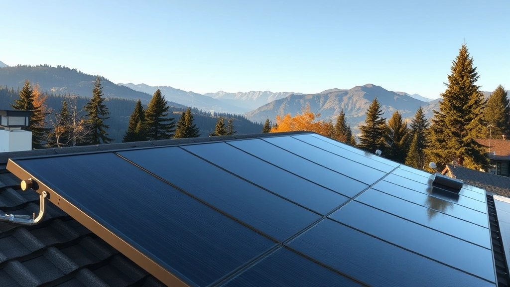 Photorealistic image of solar thermal collectors on residential rooftop with mountain landscape and evergreen trees in background, morning sunlight reflecting off panels, clear sky, no text or signage