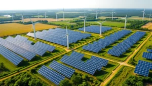 Wind turbines and solar panels in vast renewable energy farm with lush green landscape, morning sunlight, no text or signage, photorealistic