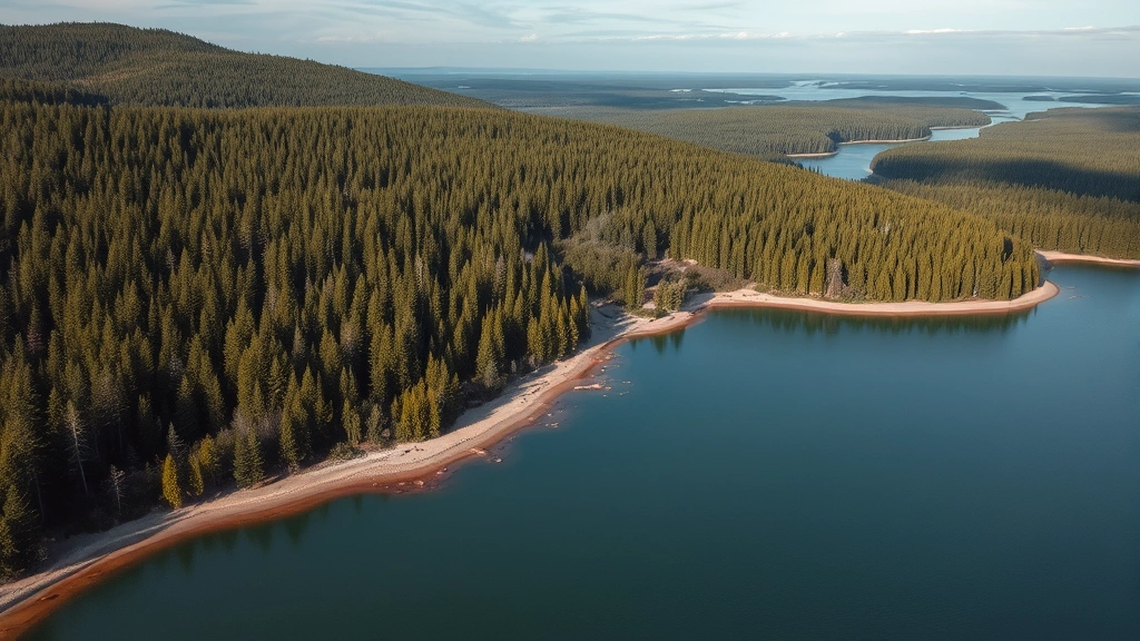 Aerial view of natural landscape with forests and water, representing untouched nature and ecosystem preservation, pristine environmental conditions, no industrial elements
