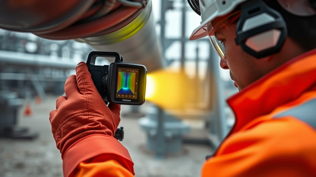 Close-up of technician using optical gas imaging camera to detect methane leaks from pipeline junction, demonstrating advanced leak detection technology in action at utility facility