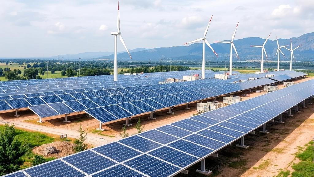 Solar panels and wind turbines installed near natural gas distribution facility, symbolizing renewable energy transition and hybrid energy infrastructure integration for sustainable future